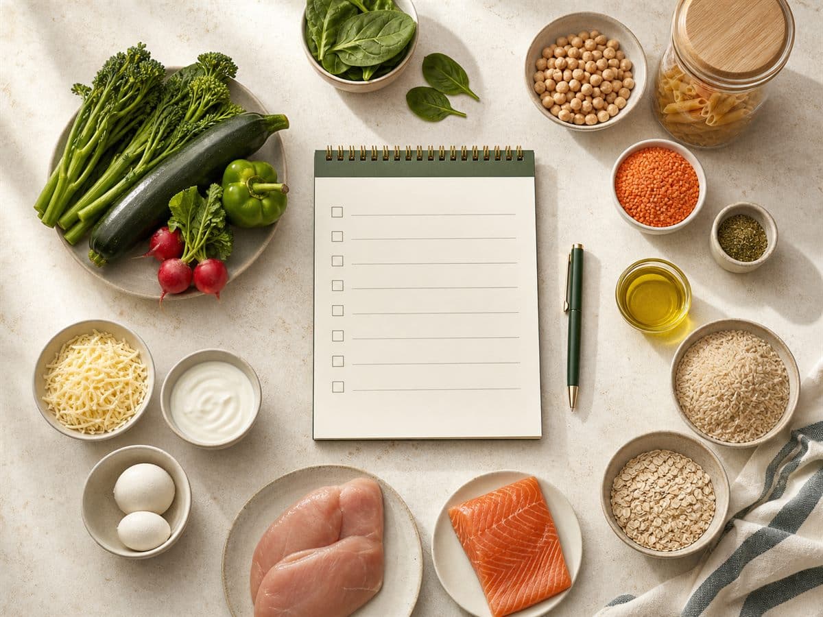 Grouped grocery ingredients around a blank checklist